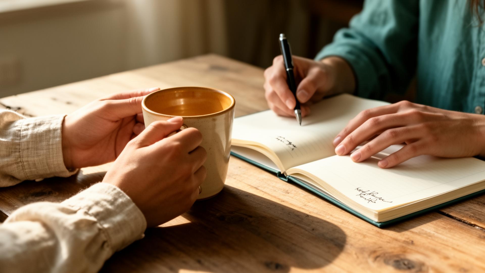 Two pairs of hands across a wooden table — a ceramic mug, an open journal, soft afternoon light