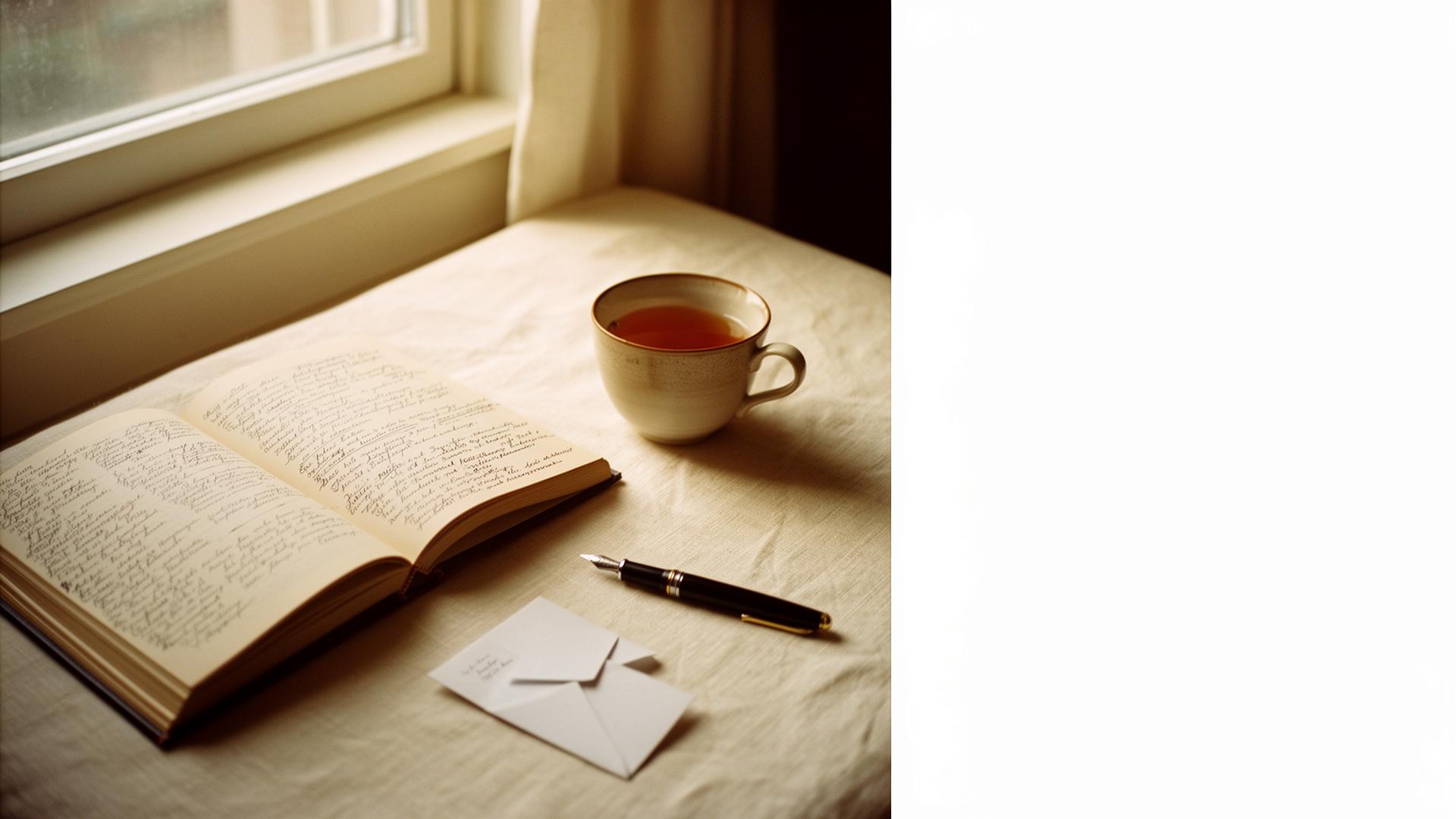 An open journal, a cup of tea, and a fountain pen on warm linen in morning light