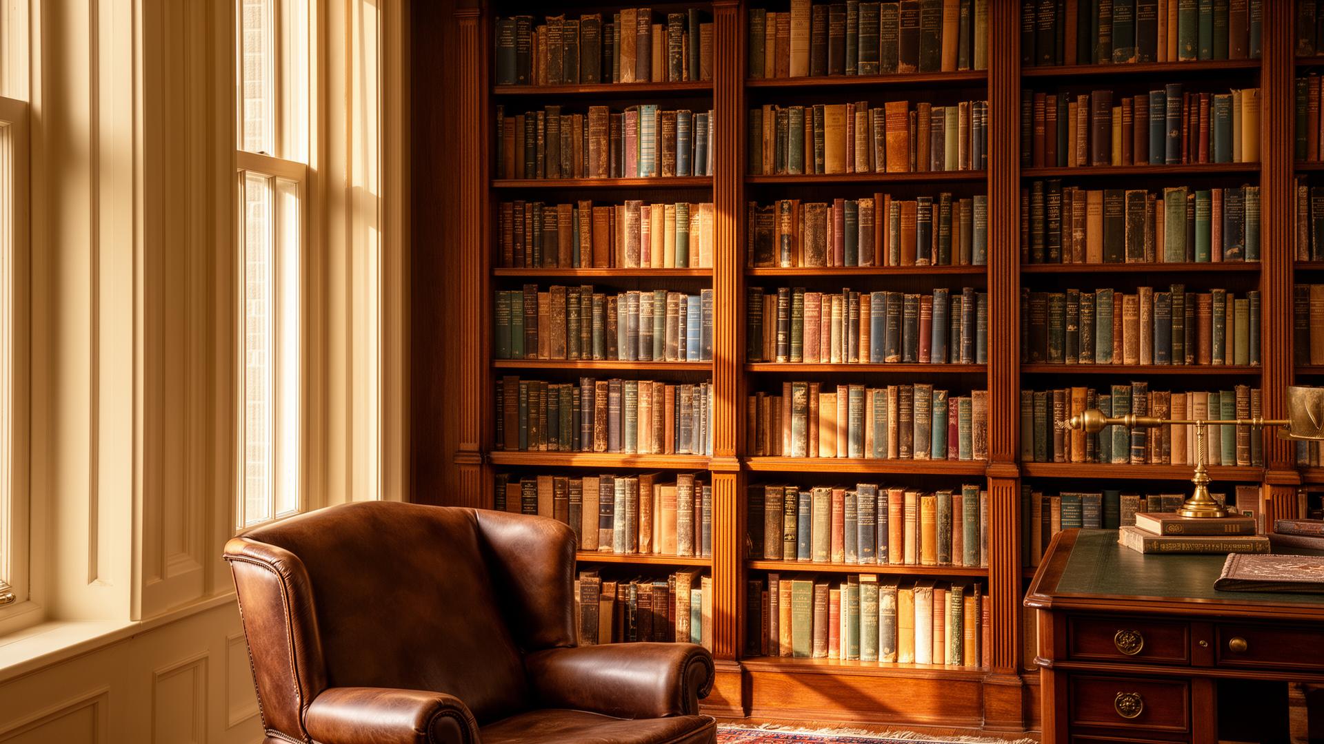 A wood-paneled study with floor-to-ceiling shelves of worn academic and literary hardcovers, a leather reading chair in soft late-afternoon light